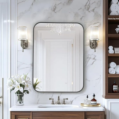 MZON 30x36 Inch Matte Black Wall Mirror, Large Rounded Rectangle Mirror for Living Room or Bathroom, Anti-Rust Frame & Tempered Glass, Horizontal/Vertical Mount - Luxe & Modern Wall Decor