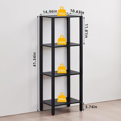 4 Tier Tall Wooden Bookshelf with Storage - Small Bookcase for Small Spaces, Shelf for Living Room, Office, Bedroom, Kitchen - Industrial Modern Black Book Shelf