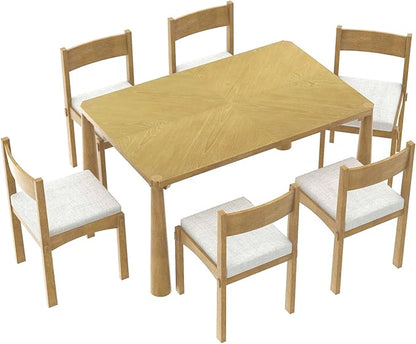 Dining Table with Chairs Set of 6, 7-Piece 60" Farmhouse Rectangular Dining Room Table with 6 Upholstered Solid Wood Chairs, Space Saving Kitchen Tables for Small Place, Natural Rubber Wood