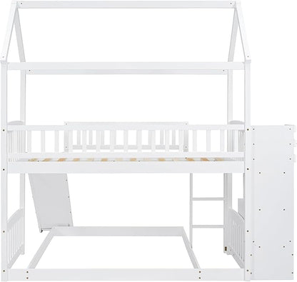 Ball & Cast Twin Over Twin Size House Bunk Bed with Slide and Storage Steps,Wood Bunkbed w/Full-Length Guard Rail & Ladder,Slat Support,Space Saving,Bedroom Furniture for Student Dorms,White