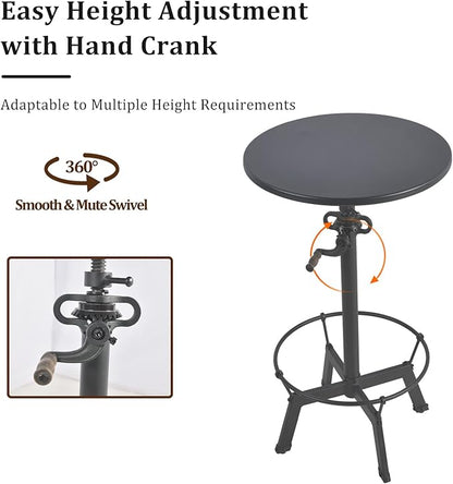 LOKKHAN Industrial Bar Table-33.5-39.4 Inch Tall-Adjustable Bar Height Pub Table-23.7 Inch Swivel Round Metal Top-Easily Adjusts by Crank Handle, Black