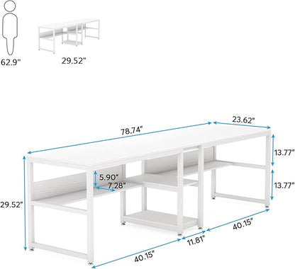 Tribesigns Two Person Desk with Bookshelf, 78.7 Computer Office Double Desk for Two Person, Rustic Writing Desk Workstation with Shelf for Home Office (White)