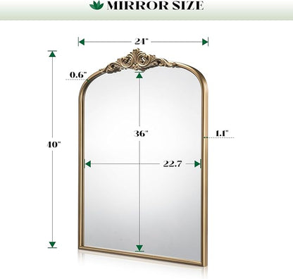 Arched Antique Wall Mirror, 24"x40" Vintage Gold Bathroom Vanity Mirror, Ornate Arched Bronze Mirror for Over Sink/Fireplace/Entryway