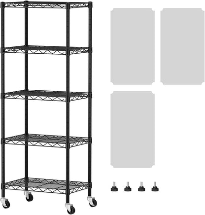 SINGAYE 5 Shelves Storage Shelf Wire Closet Bathroom Organizers Metal Pantry Kitchen Small Garage Shelving Unit Laundry Room Organization Home Narrow Rack Net Basket with Wheels Black