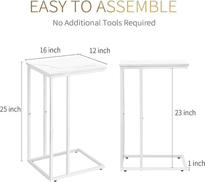 C Shaped End Table Set of 2 for Sofa and Bed, Slide Under Couch Tables, Side Table With Faux Marble Top, Small Under Table Tray for Living Room, Bedroom, White