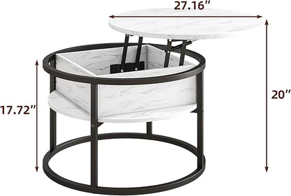Round Coffee Table with Storage, Lift Top Coffee Table with Hidden Compartment, Farmhouse Juxing Design for Living Room, 2-Tier Small Round Dining Center, White