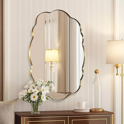 ANDY STAR Brushed Gold Scalloped Mirror - 22x30 Inch Bathroom Mirror, Vintage Oval Vanity Mirror, Rust-Proof Anti Rust Stainless Steel Wall Mount Horizontal or Vertical