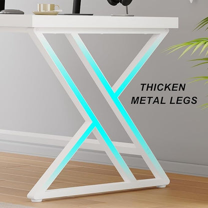 LVB Modern White Computer Desk, Long Industrial Home Office Desk for Student, Large Metal Wood Writing Study Work Desk, Farmhouse Executive Gaming Computer Table for Bedroom Living Room, White, 60 in