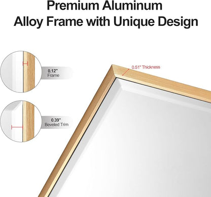30x40 Inch Gold Mirror with Beveled Trim, Aluminum Frame Bathroom Vanity Mirror, Copper-Free Mirror, Rectangle Wall Mounted Mirror, Modern Rectangular Mirror Horizontal or Vertical