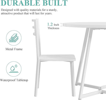 VECELO Small Round Dining Table Set for 2, Wood Tabletop with Strong Metal Frame, Modern Dinette with Chairs for Kitchen, Breakfast Nook Living Room, Pure White