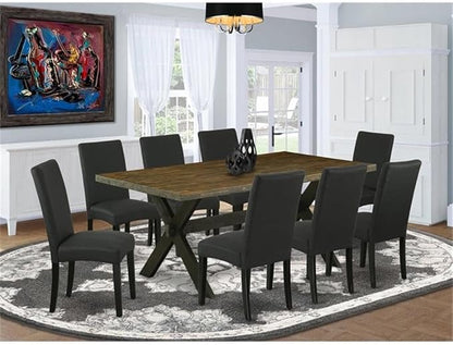 East West Furniture X677DR124-9 9 Piece Dining Room Table Set Includes a Rectangle Kitchen Table with X-Legs and 8 Black Color Linen Fabric Parson Dining Chairs, 40x72 Inch, Multi-Color