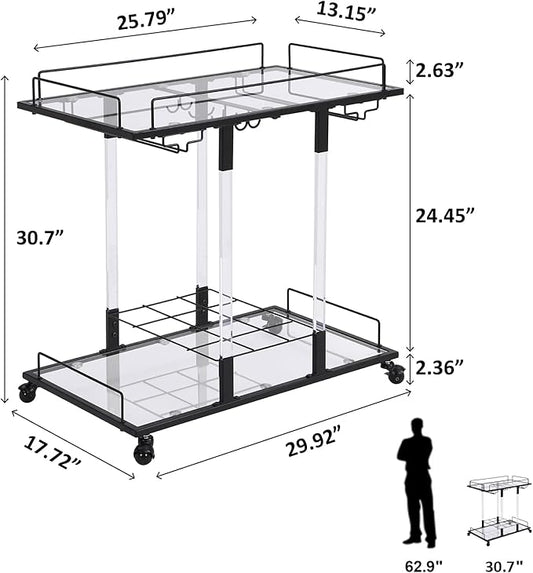 Bar Cart for Home Bar Chrome Serving Cart with Wine Rack 2-Tier Acrylic Rolling Bar Carts on Wheels Clear Dessert Cart Lucite Bar Stand Glass Liquor Cart for Living Room Kitchen Club Black