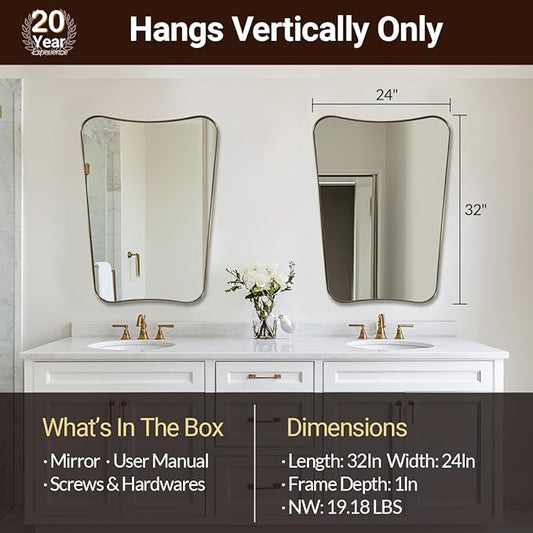 ANDY STAR 24x32 Inch Gold Mirror, Bathroom Vanity Mirror, Antique Brass Butterfly Mirror, Irregular Wall Mirror with Unique Curved Design Ideal for Home Remodel, Anti-Rust 1” Frame