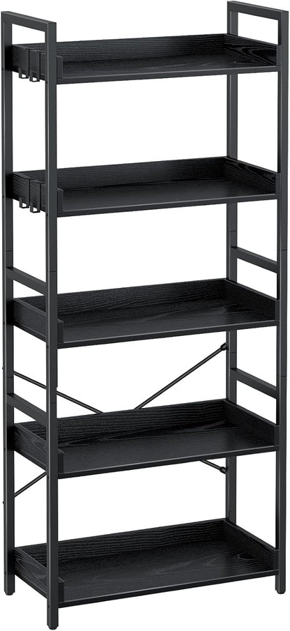 Rolanstar Bookshelf 5 Tier with 4 Hooks, Industrial Wood Bookcase, Vintage Storage Rack with Open Shelves, Rustic Standing Bookshelves Metal Frame Display Rack for Living Room, Bedroom, Black