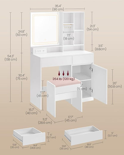 VASAGLE Vanity Desk with Mirror and Lights, Power Outlets, Vanity Table Set with Stool, Drawers, 35.4-Inch Wide Makeup Vanity, Jewelry Storage, Adjustable Shelves, for Bedroom, Cloud White URDT132W02