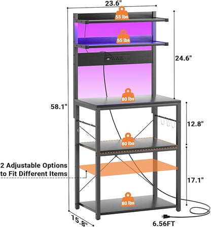 Aheaplus Bakers Rack with Power Outlet, Microwave Stand, 5 Tiers Coffee Bar Station with Led Lights, Kitchen Storage Shelf with 6 S-Shaped Hooks, Kitchen Rack for Spices, Pots and Pans, Black