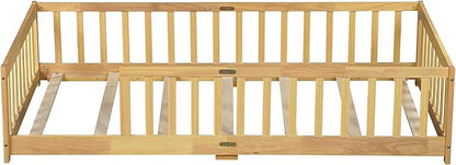 Bellemave Twin Floor Bed with Slats and Safety Guardrails, Kids Montessori Floor Beds with Fence and Without Door, Easy Assemble Floor Bed for Kids, Girls, Boys, Natural