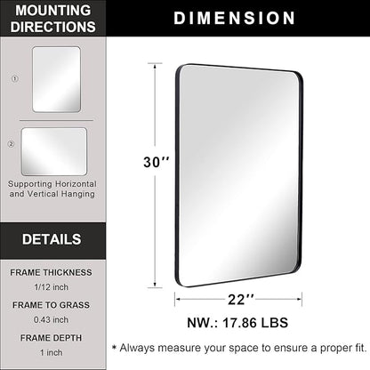 ANDY STAR Wall Mirror for Bathroom, Mirror for Wall with Black Metal Frame 22" X 30", Decorative Wall Mirrors for Living Room,Bedroom, Glass Panel Rounded Corner Hangs Horizontal Or Vertical