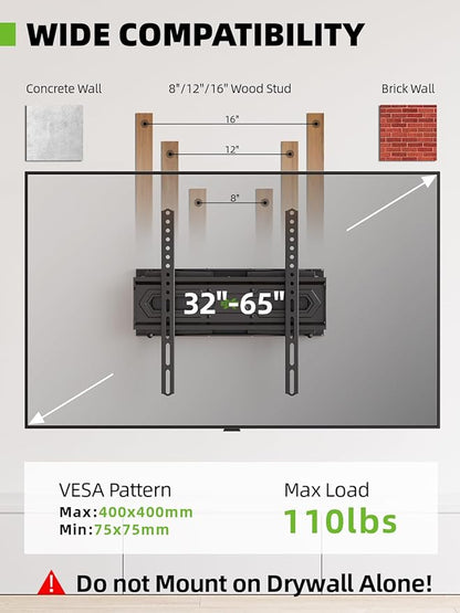 USX MOUNT TV Wall Mount for 32-65 inch Flat Screen/LED/4K up to 110lbs, Full Motion TV Mount Bracket with Swivel & Tilt Articulating Dual Arms, Max VESA 400x400mm, Fits 12/16" Wood Studs