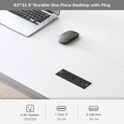 Large Computer Desk - 63 Inch Home Office Desks Study Student Writing Table Gaming Desk Wood Modern Simple Table with USB Ports, White