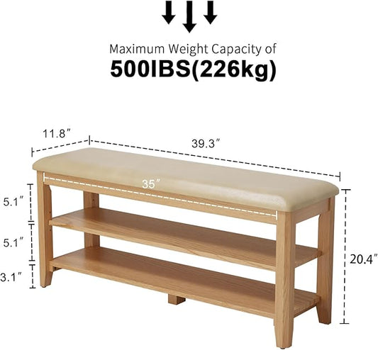Wood Shoe Rack Bench for Entryway, Shoe Rack for Front Door Entrance with Leather Cushion, 2 Tier Shoe Bench with Shoe Storage for Entryway, Bedroom.