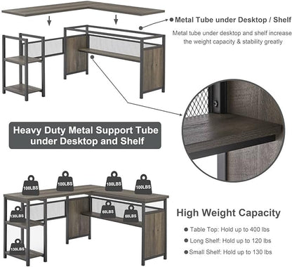 FATORRI L Shaped Desk, Industrial Reversible Home Office Computer Desk with Wood Shelves, Corner Desks with Metal Legs (Walnut Brown, 59 Inch)