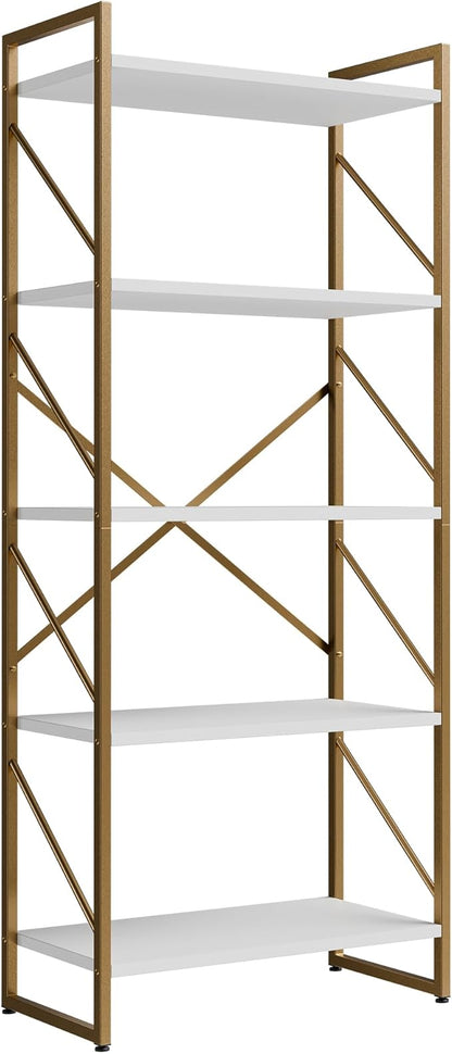 Shintenchi 5 Tiers Bookshelf, Classically Tall Bookcase Shelf,Industrial Book Rack,Modern Book Holder in Bedroom/Living Room/Home/Office, Storage Rack Shelves for Books/Movies,Gold