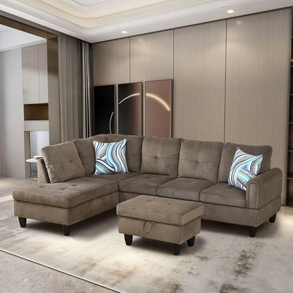 Brown L-Shaped 3-Piece Corduroy Sofa with Storage Ottoman Set, Sectional Couch Sofa Set for Living Room, Office, Small Space