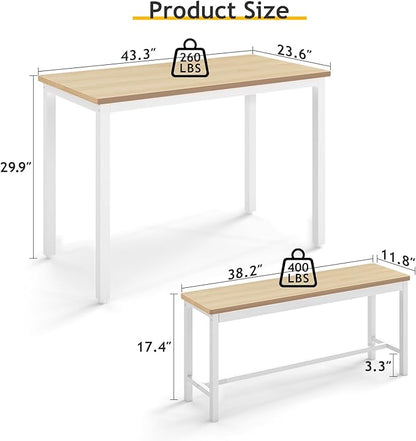 Rovibek 43" Dining Table Benches Set for 4, Modern Space Saving Kitchen Table Chairs & Adjustable Feet Breakfast Table 2 Benches, Wooden Industrial Style Farmhouse, White