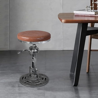 LOKKHAN American Antique Steampunk Deco Vintage Industrial Bar Cafe Stool, Retro Stylish Cast Iron Base Swivel Round Leather Top, Easily Adjusts by Crank Handle