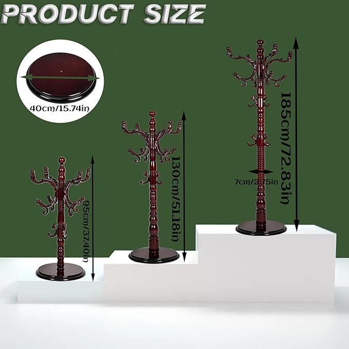 73" Wooden Coat Rack Stand,Coat Racks Freestanding With 14 Hooks And Solid Round Base Heavy Duty Adjustable Height Hall Tree Coat Rack for Entryway Hallway Foyer Office Bedroomf (Red sandalwood)