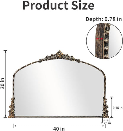Vintage Arched Mirror, 40"x 30"Antique Baroque Mirror Style Metal Beaded Frame for Entryway Hallway Living Room,Vintage Black