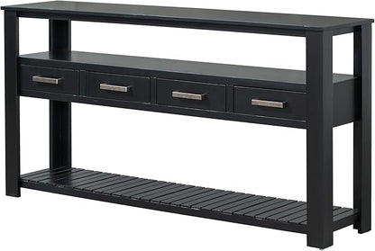 Ball & Cast 62.2“ Contemporary 4 Drawers Console Table, Long Entryway Table with Drawer & 3 Tier Shelves, Modern Storage Sofa Table, Farmhouse Wood Couch Table for Entrance Hallway Living,Black