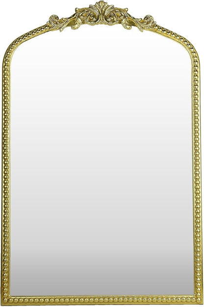 Gold Vintage Mirror, Arched Antique Mirror with Ornate Frame for Bathroom Wall, Living Room, Fireplace, 39.5x26 Inch.