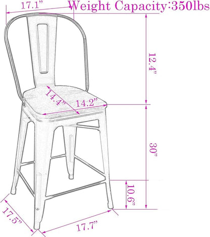 Changjie Furniture 30 Inches Metal Barstools Set of 4 Counter Height Bar Stools Industrial Stools with Backs High Back Chairs for Kitchen Island (30 Inch, White)