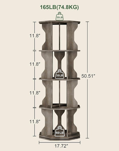 4 Tier Rotating Bookshelf, Spinning Bookshelf Tower Lazy Susan, Corner Revolving Storage Rack for Bedroom, Study Room, Kids Room, Living Room, Office, Gray