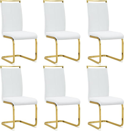 Modern Dining Chairs Set of 6,High Back White Kitchen Chairs,Faux Leather Side Chair with Gold Plated Metal Legs,Easy to Clean Upholstered Dining Chairs,Ideal for Living Room(Gold Leg)