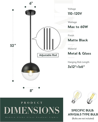 LMS Modern Pendant Lights, Matte Black Kitchen Island Pendant Light Fixtures, Adjustable Hanging Rod Ceiling Light for Dining Room Bathroom Bedroom, LMS-186BKC