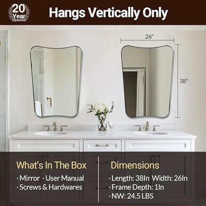 ANDY STAR 26x38 Inch Bathroom Mirror, Brushed Nickel Asymmetrical Mirror, Large Decorative Mirror, Modern Bathroom Mirror with Sophisticated Design, Wall Mount Vertically Only