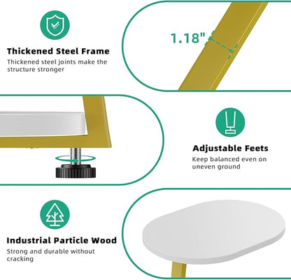Side Table, Small End Table with Metal Frame, 3-Tier Bedside Tables, Round Side Tables for Living Room Bedroom Couch Bathroom, Oval, White