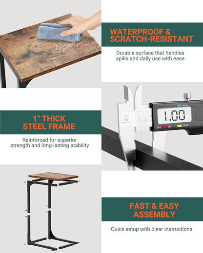C-Shaped Side Table for Couch - Small Coffee Stand Sofa Tray Desk with Metal Frame and Waterproof Scratch Resistant, Modern End Accent for Living Room, Bedroom, Small Spaces, Rustic Brown