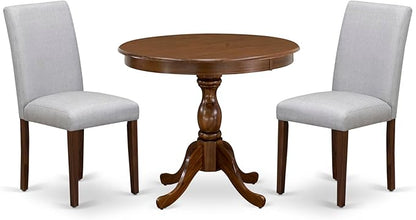 East West Furniture AMAB3-AWA-05 3 Piece Kitchen Table Set for Small Spaces Contains a Round Dining Room Table with Pedestal and 2 Grey Linen Fabric Parsons Chairs, 36x36 Inch, Walnut
