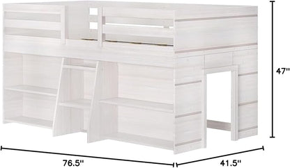 Max & Lily Modern Farmhouse Low Loft Bed, Twin Bed Frame for Kids with 2 Bookcases, White Wash