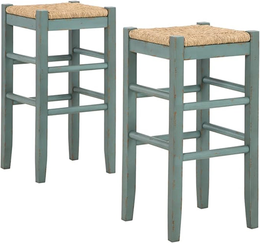 Signature Design by Ashley Mirimyn Farmhouse 29.5" Bar Height Bar Stool with Woven Wicker Seats, 2 Count, Green & Light Brown