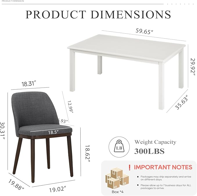 COLAMY 60 Inch Rectangular Kitchen Dining Table for 6, Modern Farmhouse Dining Table Set for 6, Wood Dining Table and Upholstered Dining Chairs for Kitchen, Dining Room, Restaurant, White/Light Grey