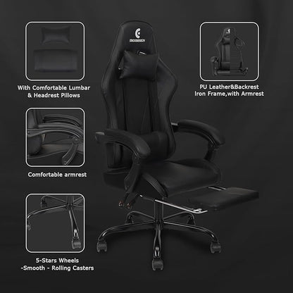 Gaming Chair with Linkage Armrest & Footrest, High Back Video Gaming Chair, Black