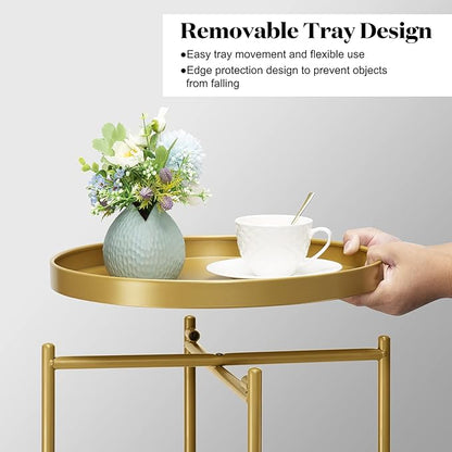 danpinera 2-Tier End Table, Outdoor Side Table, Metal Round Desk with Removable Tray, Small Folding Accent Desk, Anti-Rust Nightstand for Bedroom Balcony Patio Living Room, Set of 2 (Gold)