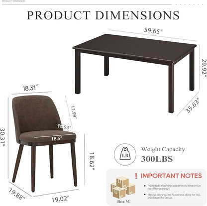 COLAMY 60 Inch Rectangular Kitchen Dining Table for 6, Modern Farmhouse Dining Table Set for 6, Wood Dining Table and Upholstered Dining Chairs for Kitchen, Dining Room, Restaurant, Brown/Dark Brown