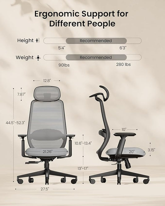 ProtoArc Ergonomic Office Chair – EC200 High-Back Mesh Computer Chair with Lumbar Support, 3D Adjustable Headrest & Sliding Seat for 8+ Hour Comfort, Big & Tall Home Office Desk Chairs - Gray