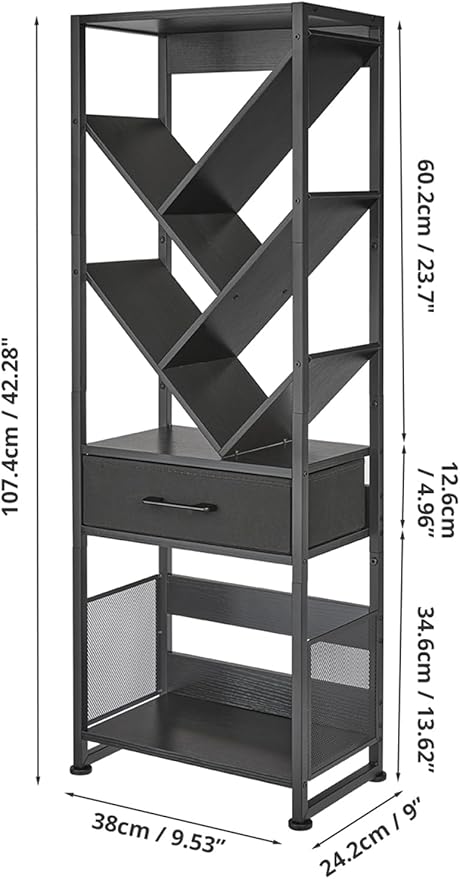 Bookshelf with Drawer,8 Tier Tree Bookcase Retro Floor Standing Bookshelves,Tall Wood Bookcases with Cabinet Storage Organizer for Living Room, Bedroom & Home Office, Black